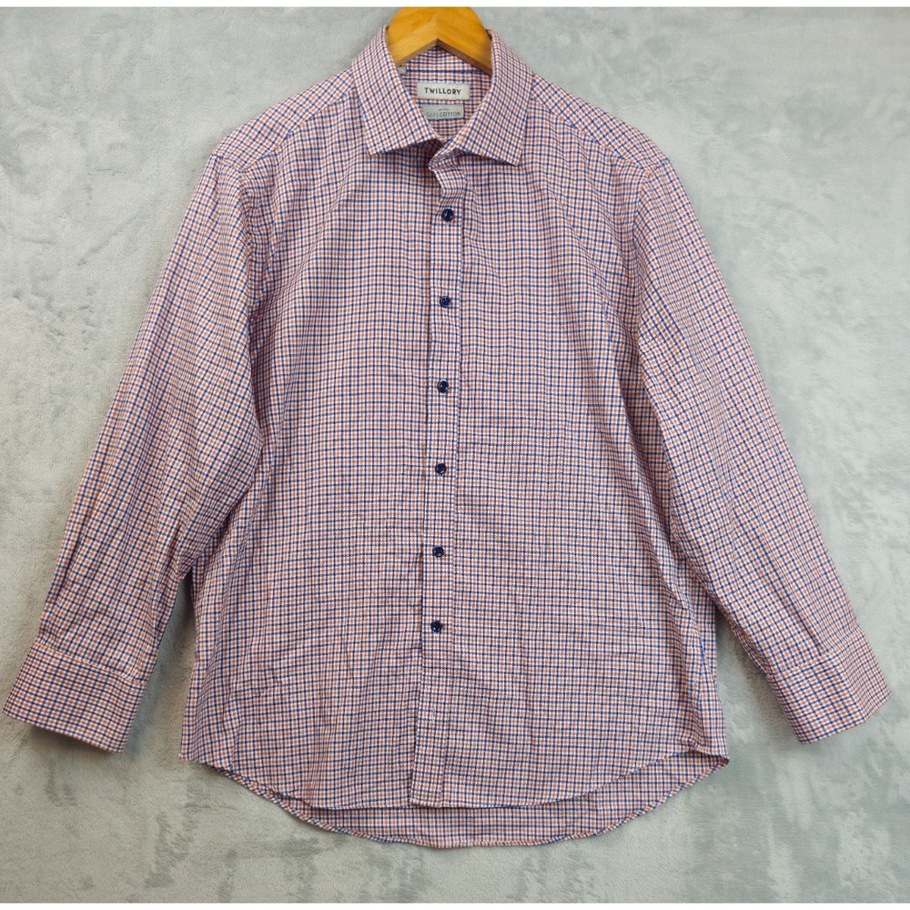Twillory Mens 17 32/33 Tailored Fit Orange Blue Gingham Plaid Safe Cotton Shirt